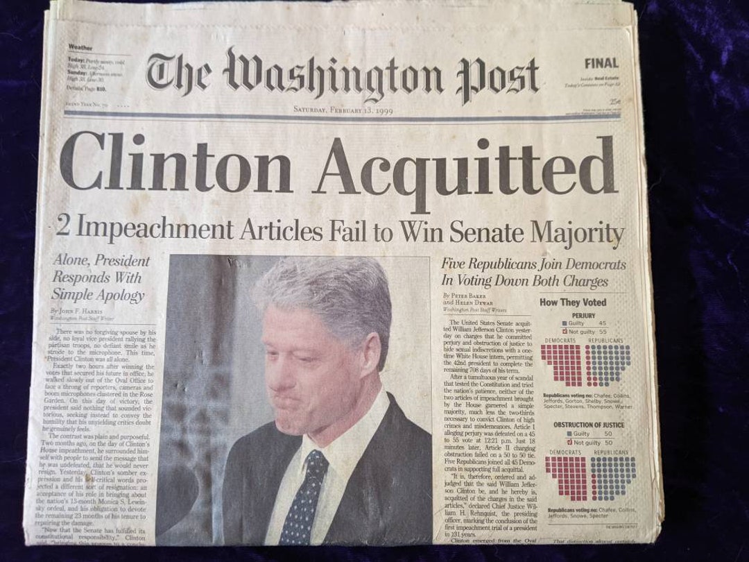 Washington Post Newspaper February 13,1999, Clinton Aquitted - Etsy