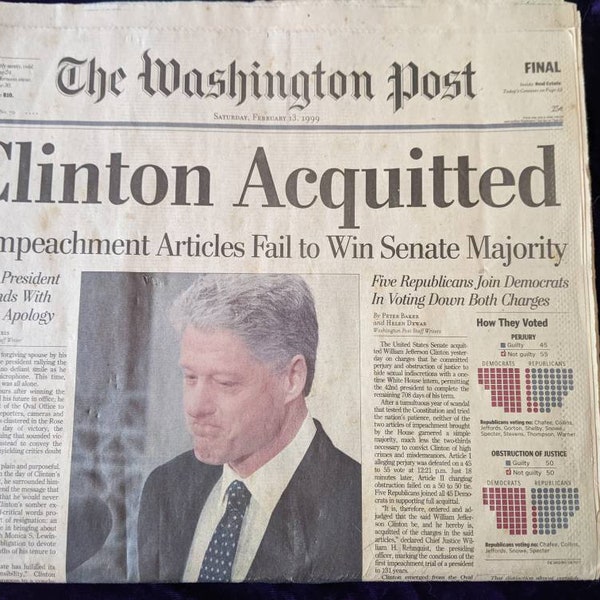 Newspaper, Washington Post Newspaper February 13,1999, Clinton Aquitted