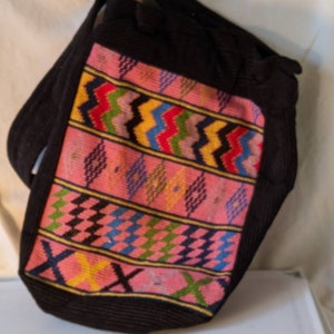 Bag, A bright corduroy bag, the sturdy shoulder bag with Guatemalan weaving on the face.