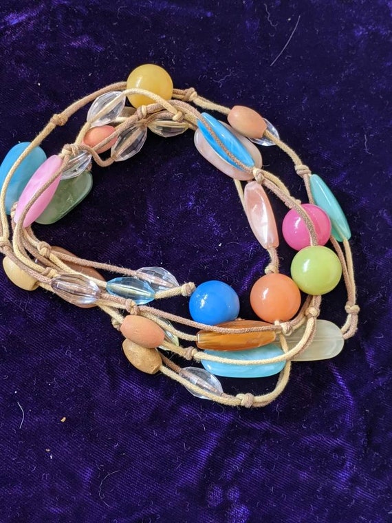 Necklace, Seventies Long Bead Necklace, Pastel Edw