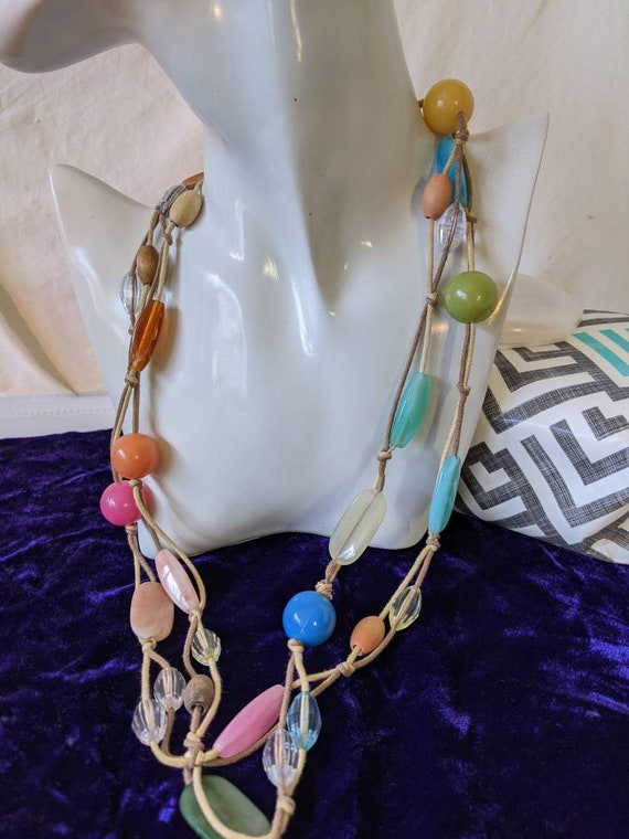 Seventies Long Bead Necklace, Pastel Edwardian Le… - image 3