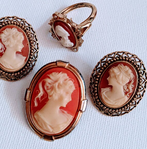 Pendant, Vintage Rose Madonna Cameo Set, Ring ear… - image 8