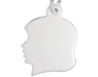 Engravable Sterling Silver Charms - Flat Young Girl’s Head Charm - Engrave a Photo or Text - 0.47 in x 0.5 in