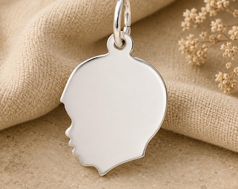 Engravable Flat Young Boy’s Head Sterling Silver Charm - Engrave a Photo or Text - 0.52 in x 0.55 in | Small Boy Head Charm