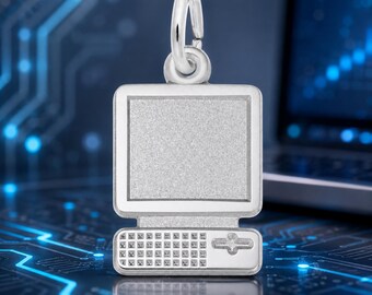 Desktop Computer Charm (Engravable Sterling Silver and Gold Plated Charms) Engrave Text - 0.39 in x 0.5 in
