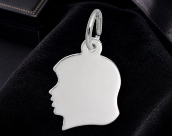 Engravable Sterling Silver Charms - Flat Young Girl’s Head Charm - Engrave a Photo or Text - 0.47 in x 0.5 in