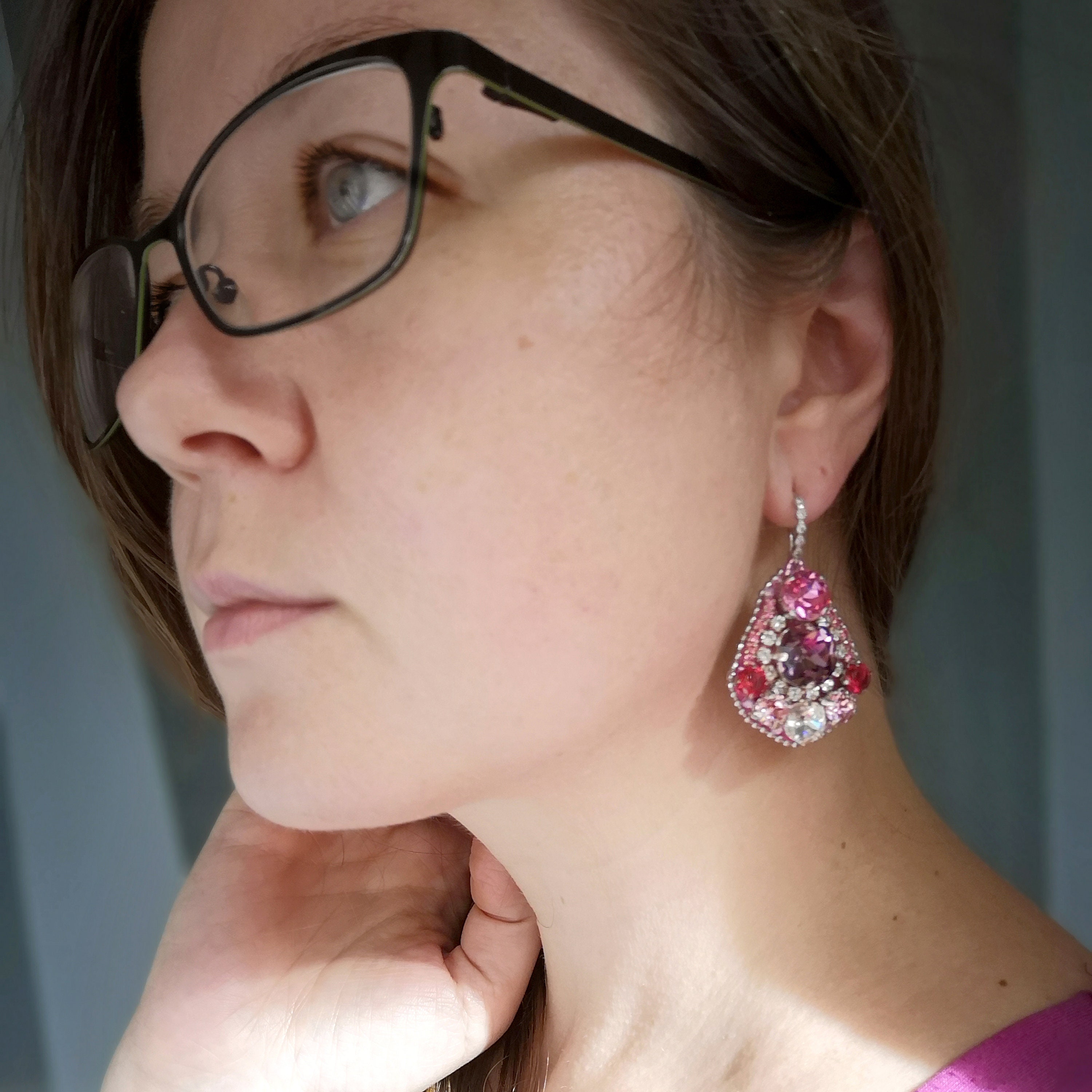 Embroidered earrings Beaded earrings Big pink silver earrings Etsy