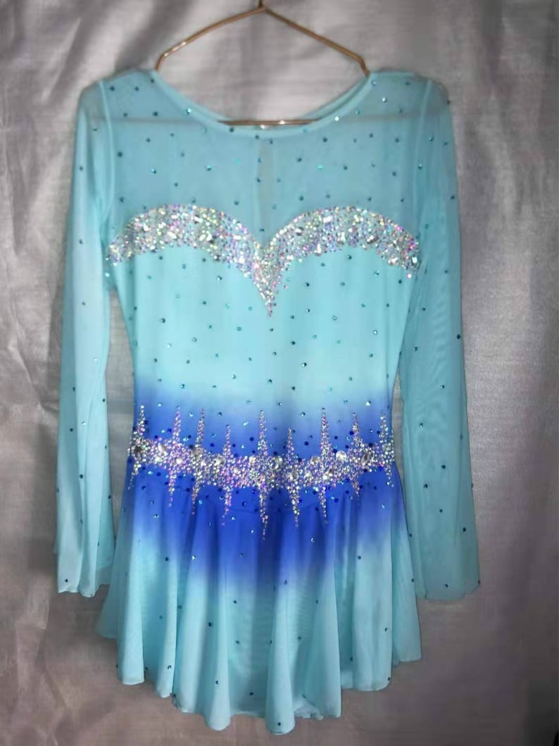 Light Blue Women Competition Ice Skating Dresses for Girls Custom Figure Skating Dress Kids Crystal Long Sleeves image 4