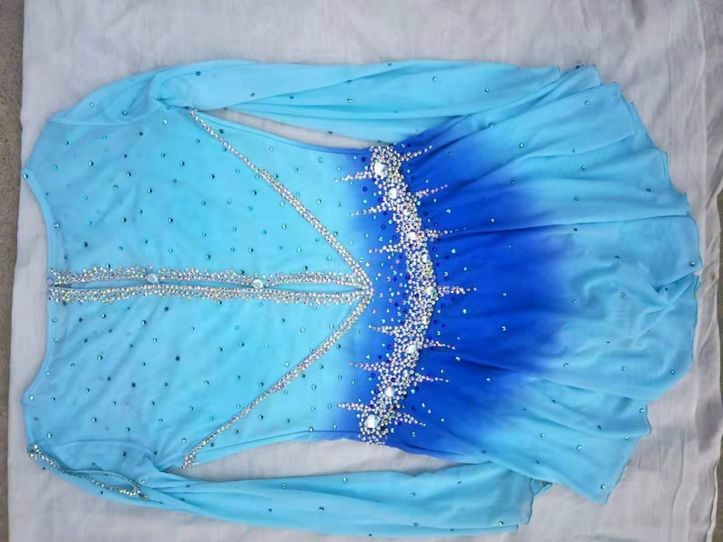 Light Blue Women Competition Ice Skating Dresses for Girls Custom Figure Skating Dress Kids Crystal Long Sleeves image 3