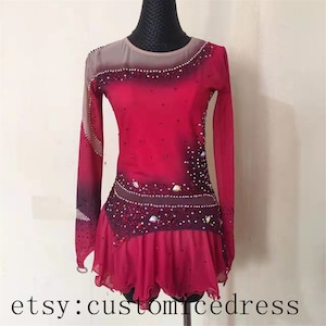 Red Figure Skating Dresses for Girls Custom Ice Skating Dress for Women Crystal Long Sleeves