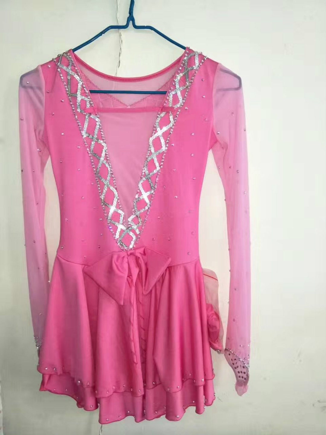 Figure Skating Dress Pink Beaded Customize Long Sleeves Custom Girls Competition Figure Skating