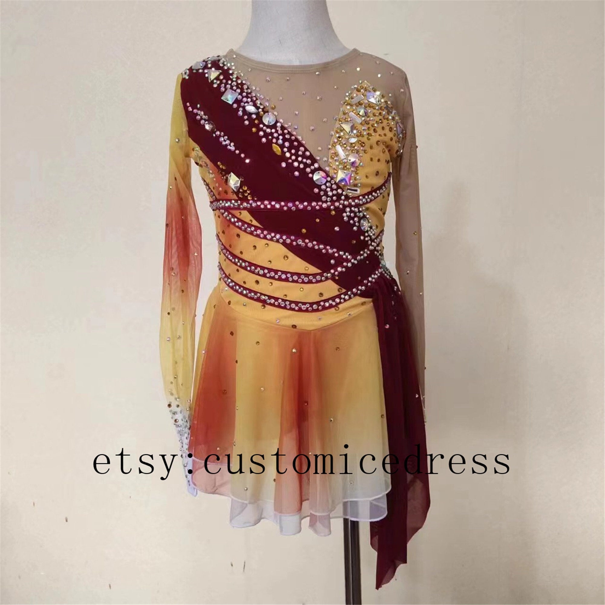 Gold Figure Skating Dresses for Girls Custom Ice Skating Dresses for Women  Beaded Long Sleeves - Etsy