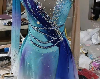 Blue Women Competition Ice Skating Dress for Girls Custom Figure Skating Dresses Kids Crystal