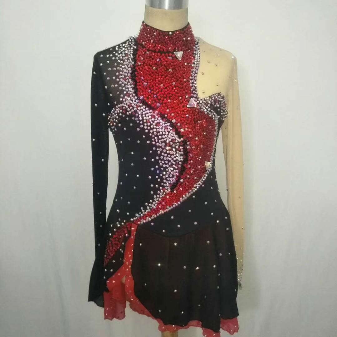 Red & Black Figure Skating Dress - Long Sleeve Performance Dress For Competition, Teens & Adults