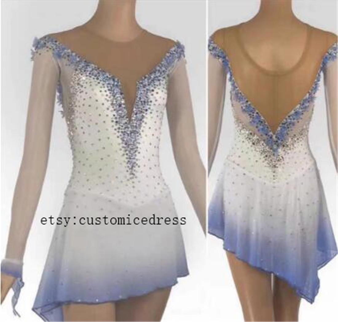 blue and white figure skating dress Custom Ice Skating Dresses Blue Whice Ice Dance Dress Competition Spandex  Beaded