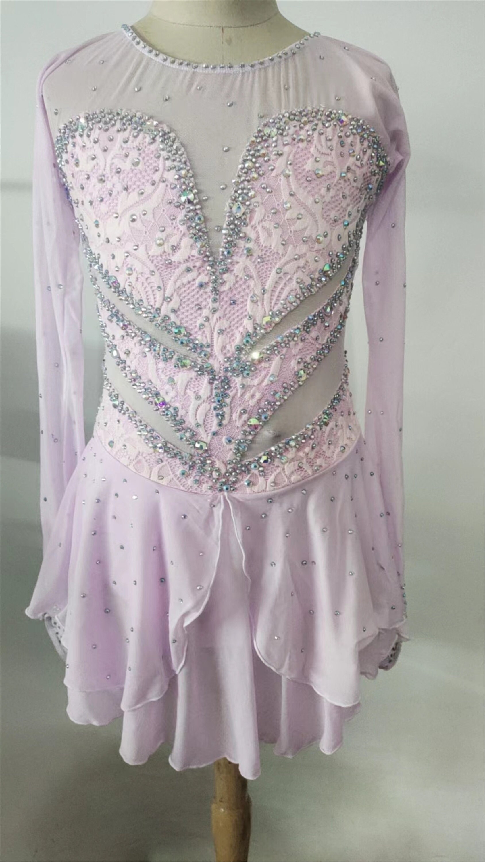 Lycra Lace Skating Costume Italian Style Figure Skating Dress - Pink,  Sleeveless, Bi-Elastic Lace With Crystals, Size 1 Lycra Competition Dress