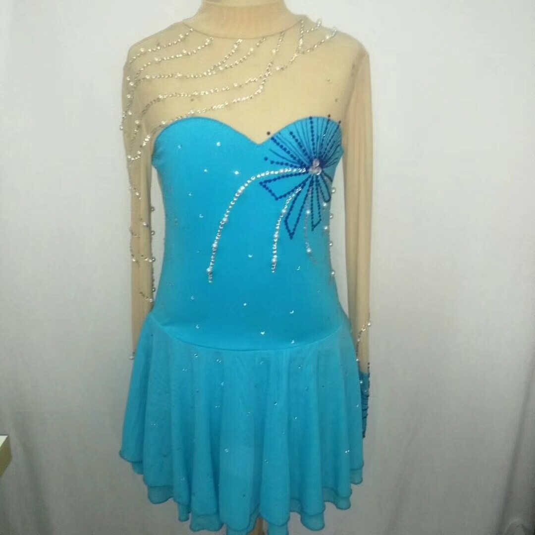 Blue Ice Skating Clothes Custom Girls Beaded Customize Long Sleeves Kids Competition Ice Skating