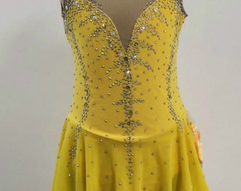 Yellow  Figure Skating Dress Custom  Girls  Beaded Women Competition Ice Skating Dresses Spandex