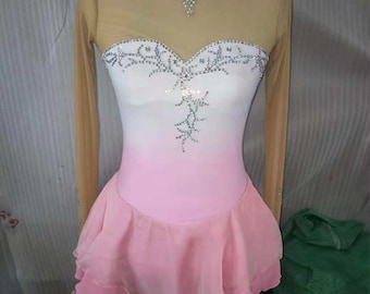 Pink Figure Skating Dresses for Kids Custom Ice Skating Dresses Children Crystal Long Sleeves