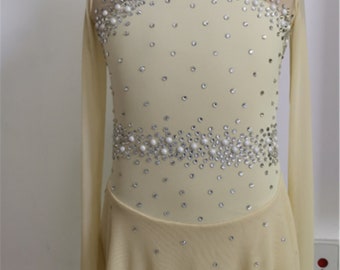 Gelbes Schlittschuhkleid Beaded Beaded Kleid langärmeliges Damen Kleid Eiskunstlaufkleider Eiskinder Elasthan High Stretch Stoff
