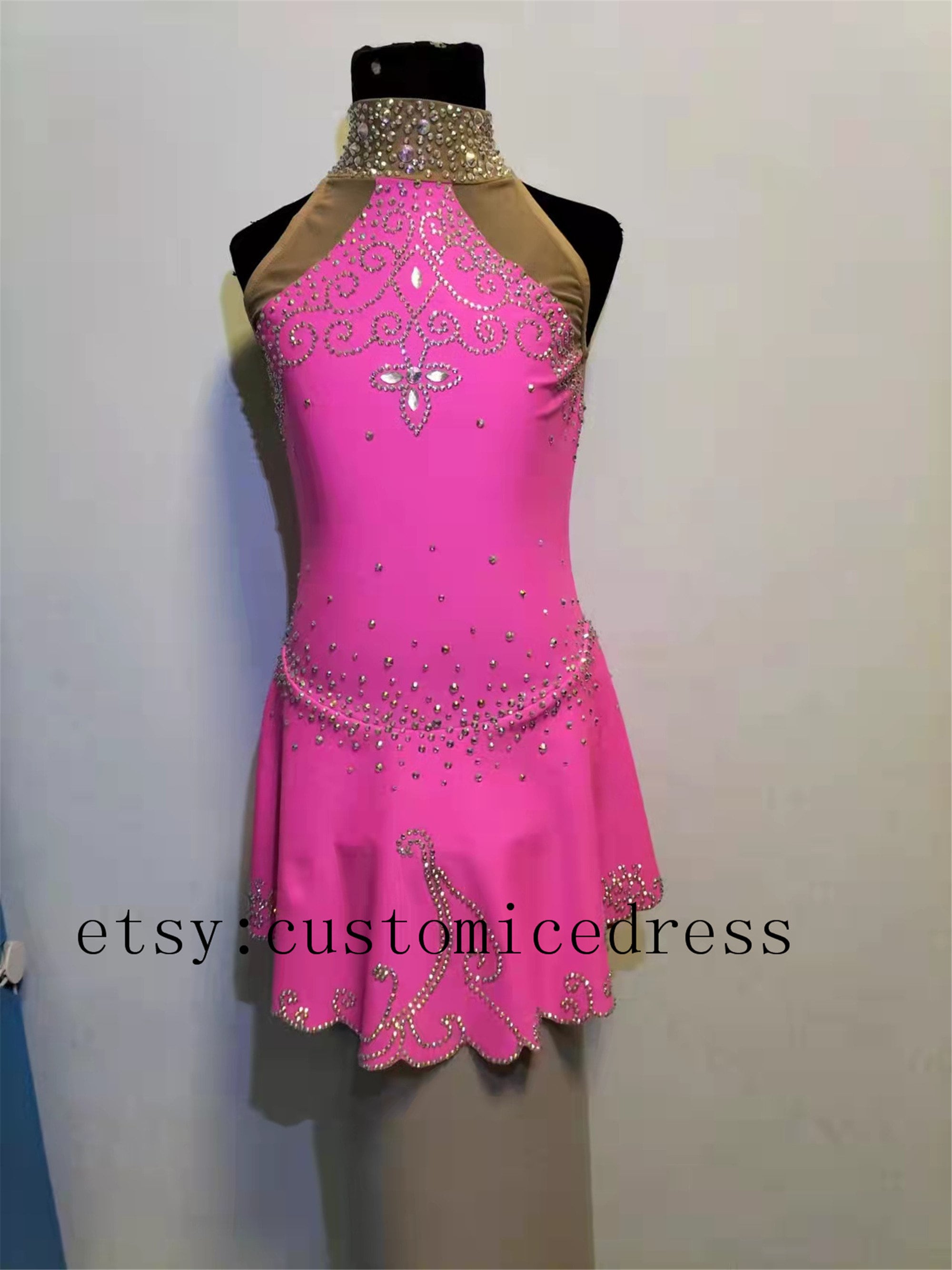 Niñas Vestido de Patinaje Artístico para Niñas - Patinaje sobre Hielo  Victorian Pink Mock Neck Glitter 2768