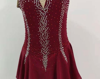 Wine Red Figure Skating Dress Custom  Girls  Beaded Women Competition Ice Skating Dresses Spandex