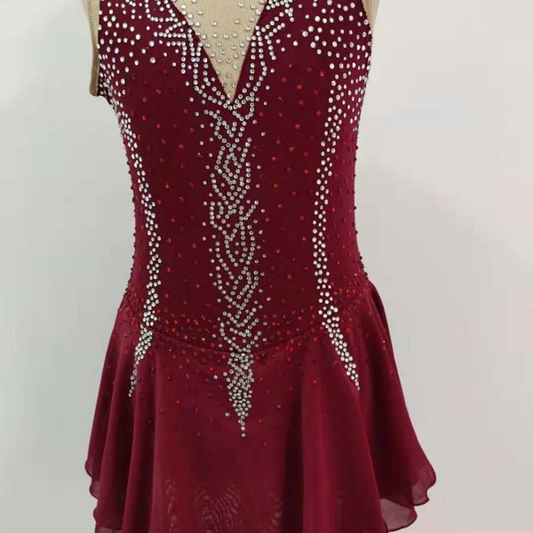 Vestido de patinaje artístico tinto de vino Custom Girls Beaded Women Competition Vestidos de patinaje sobre hielo Spandex