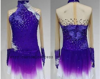 purple ice skating dress custom for women competiton white assets with flowers