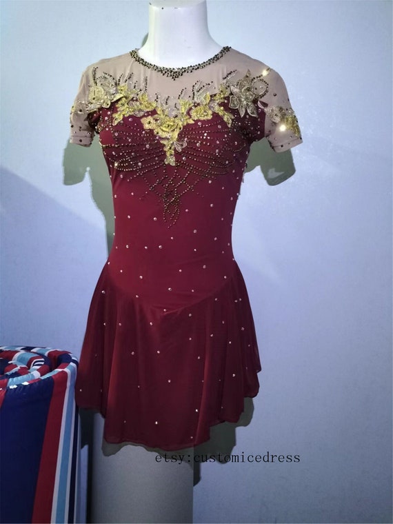 burgundy ice skating dress Red Dresses for Girls Figure Skating Competion Dresses for Women Custom 104cm 14.5 inch/37.5cm 23 Color:Champagne as Pictures Skating competition dress Burgundy Dress Halter Night Out Mini