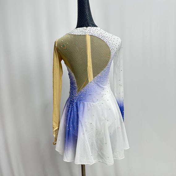 blue and white figure skating dress Ombre Ice Skating Dress, White to Azure Blue, Rhinestone Appliques