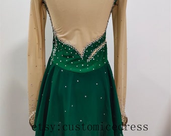 dark green figure skating dress Sparkling Women's Girls' Long Sleeves Training Practice Elegant Figure Skating Dress, Child 8 / Black main image 0