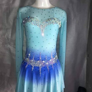 Light Blue Women Competition Ice Skating Dresses for Girls Custom Figure Skating Dress Kids Crystal Long Sleeves