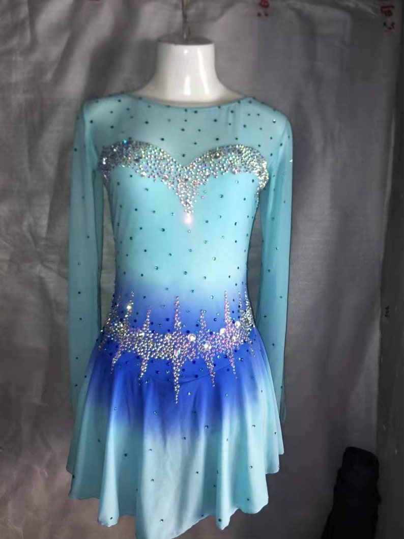 Light Blue Women Competition Ice Skating Dresses for Girls Custom Figure Skating Dress Kids Crystal Long Sleeves image 1