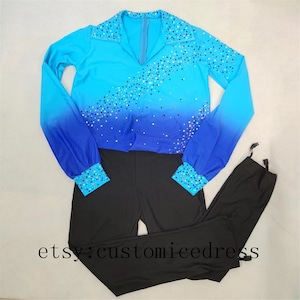 Men&#39;s Ice Skating Suit for Competition Spandex Boys Blue Ice Skating Clothing with Trousers Custom