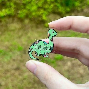 Herbivore Dinosaur Acrylic Pin - Brontosaurus and Flowers - Vegetarian and Vegan Lapel Pin - Cute Kawaii Gift