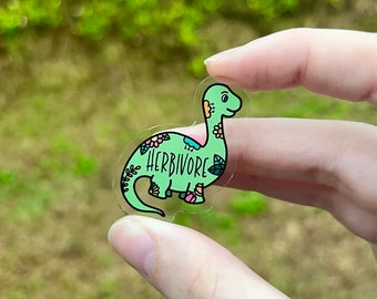 Herbivore Dinosaur Acrylic Pin - Brontosaurus and Flowers - Vegetarian and Vegan Lapel Pin - Cute Kawaii Gift