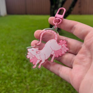 Pink Sakura White Rat Acrylic Keychain - Cherry Blossom Rat