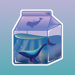 Blue Whale Milk Carton Sticker - Blue Ocean Sticker - Blue and Purple Sticker