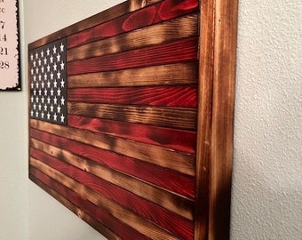 FRAMED Rustic Burned Flag 14.5" x 25.5". This hand made wooden flag is crafted by me, an Army veteran. Buy American! Made in the USA!