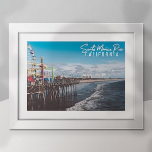 Muelle de Santa Mónica, California, superposición de texto de ubicación, arte de pared de descarga digital, póster de fotografía de viajes.
