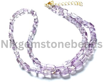 Pink Amethyst Beaded Necklace: AAA Smooth Rectangle Gemstone Beads (4-7mm)