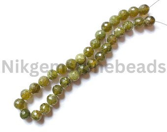 Basonite Round Cut Beads, Green Basonite Gemstone Beads, 8.25-9.00 MM, Briolette Faceted Round Cut Gems, AAA+ Natural Green Basonite Stone.