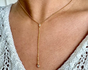 Diamant-Lariat-Halskette, zierliche Lariat-Tropfenkette, 14 k Gold gefüllte Halskette, CZ-Lariat-Halskette, Diamant-Braut-Halskette, minimalistische Y-Halskette
