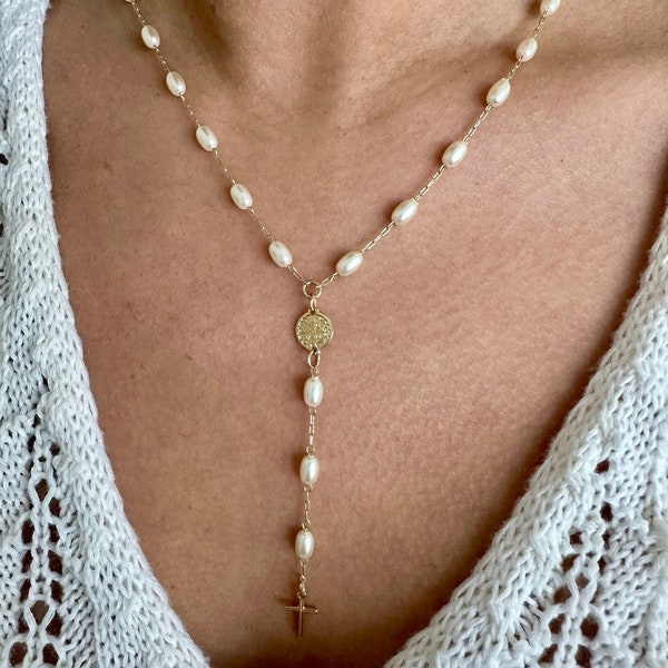 Rice Pearl Lariat Necklace, Freshwater Pearl, St Benedict Medal, Catholic Necklace, Baptism Necklace, 14k Gold Filled, Bridal Necklace