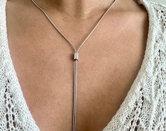 Adjustable Bolo Box Chain Tie , Y Necklace Lariat, 18k, Rhodium Filled, Bridal Necklace Lariat , Minimalist Sliding Necklace, Lariat Slider