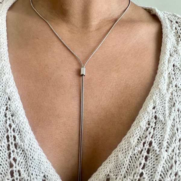 Adjustable Bolo Box Chain Tie , Y Necklace Lariat, 18k, Rhodium Filled, Bridal Necklace Lariat , Minimalist Sliding Necklace, Lariat Slider