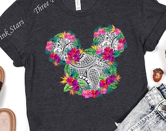 Hibiscus Polynesian Mouse Head Shirt, Aloha Tropical Floral T-shirt E4081