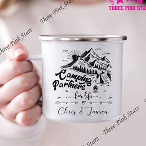 Personalized Camping Partners Mug, Couple Adventure Mug, Custom Camping Mug, Wedding Gift Mountain Enamel Coffee Mug, Hiking Camp Mug E4216