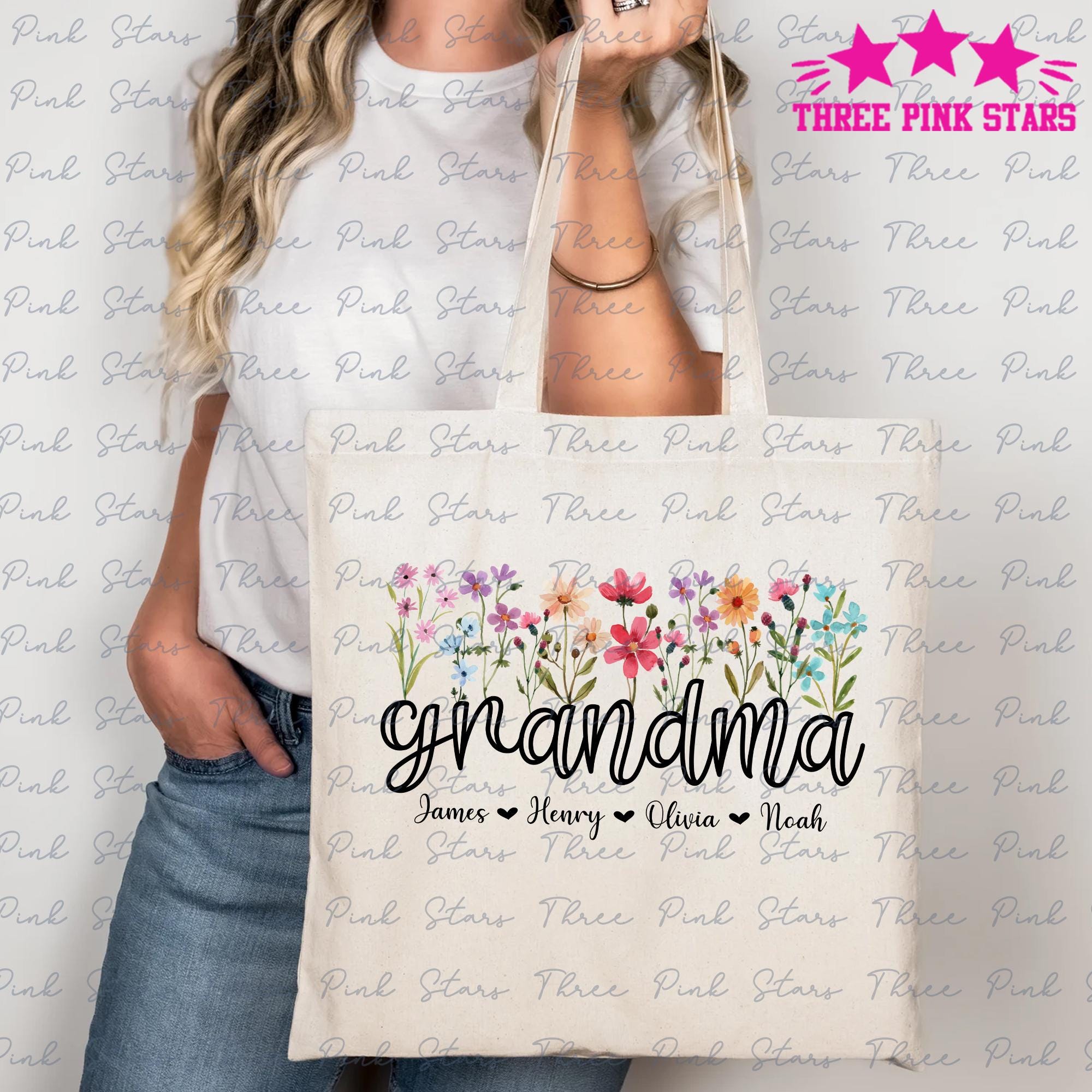 Personalized Grandma Tote Bag, FLoral Grandma Tote Bag, Custom Grandma With Grandkids Names Gift, Gift for Grandma E6558