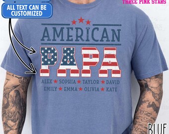 Camiseta personalizada American Papa Comfort Colors, Camiseta personalizada Papa con la bandera de EE. UU. y nombres de niños E9745